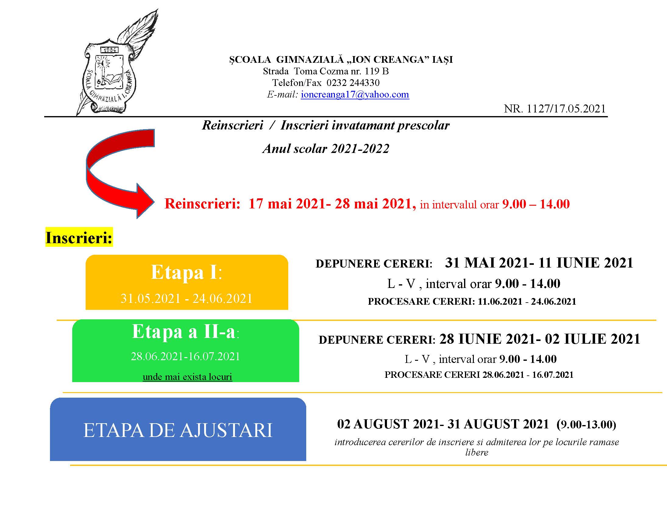 INFORMATII   INSCRIERE   REINSCRIERE 2021 2022