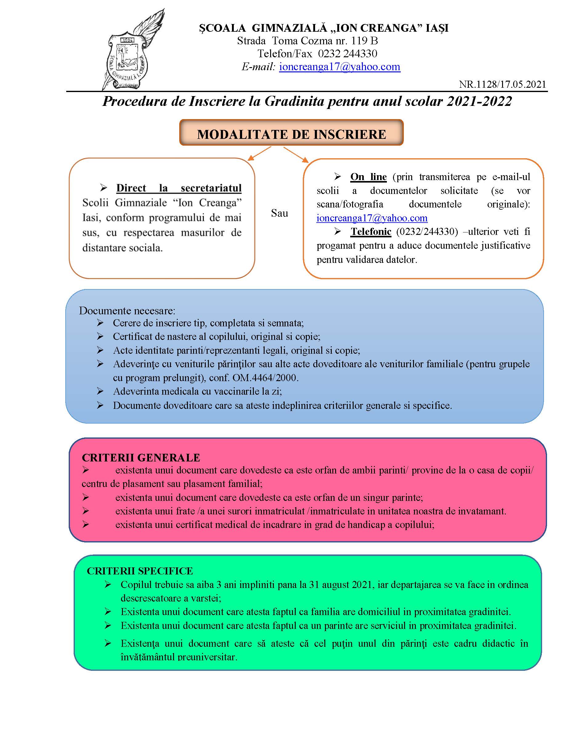 procedura, acte necesare si criterii de inscriere